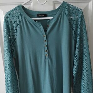 Minetom Women's Teal Lace Sleeve Top.